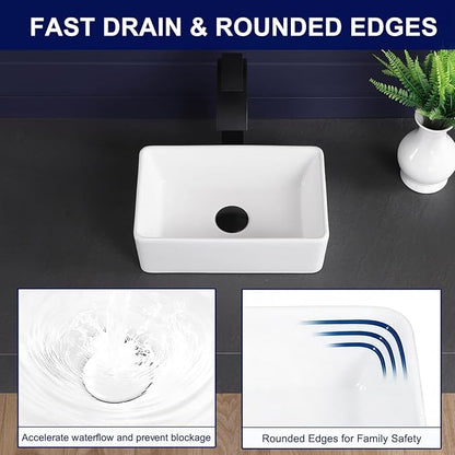 Vessel Sink 15"x9" Rectangular Bathroom Sink Modern White Porcelain Ceramic Above Counter Drop-in Vanity Sink for Bathrooms Art Basin