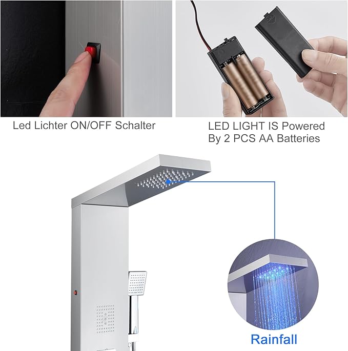 MENATT Shower Tower Panel System with LED Lights, Stainless Steels Shower Tower System with Rainfall Shower Head, 2-in-1 Body Jets,Handheld Showerhead,Bathtub Filler (Brushed Nickel)
