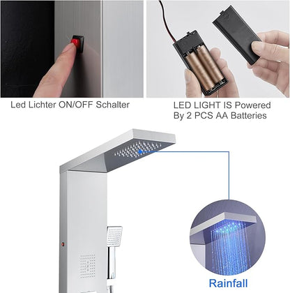 MENATT Shower Tower Panel System with LED Lights, Stainless Steels Shower Tower System with Rainfall Shower Head, 2-in-1 Body Jets,Handheld Showerhead,Bathtub Filler (Brushed Nickel)