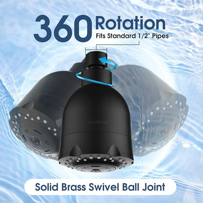 High Pressure Boosting Shower Head, ALOHOME 6 Powerful Spray Settings - Perfect for Low Water Pressure Homes, 3.6" Luxury Modern Shower Head with 360° Adjustable Brass Ball Joint - Matte Black