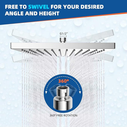 Hibbent cUPC Certified Metal High Pressure 10'' Rain Shower Head, Chrome | Square Large Bathroom Waterfall Thickness Shower Heads, High-flow Fixed Rainfall Showerheads, Adjustable Brass Ball Joint