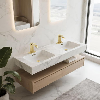 2 Pack Gold Bathroom Faucet with Waterfall Spout and Pop-up Drain | SUS 304 Stainless Steel, Single Handle, 1 Or 3 Hole Sink, RV Vanity, Deck Plate, Supply Hoses, NSF372 NSF61 cUPC