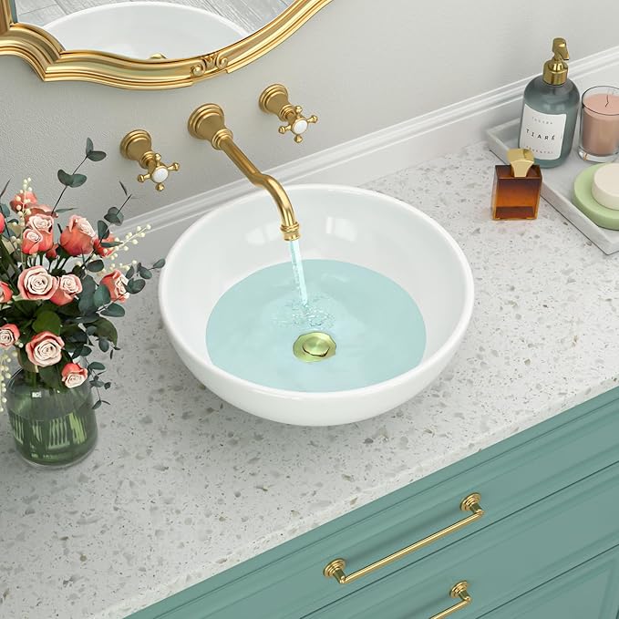 Round Bathroom Vessel Sink Bowl - 16x16 inch Modern Above Counter Sink White Porcelain Ceramic Art Basin