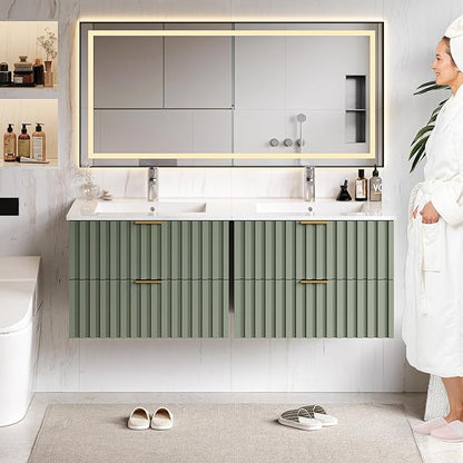ONBRILL 24 Inch Bathroom Vanity with Sink Combo, Floating Bathroom Vanity with 2 Fluted Drawers & Metal Handle, Modern Wall Mount Storage Cabinet with Ceramic Integrated Sink for Small Space (Green)