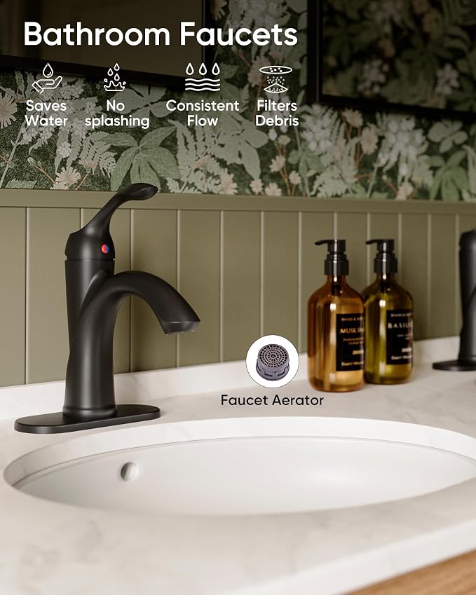 Matte Black Bathroom Faucet 1 Hole One-Handle Lever Bathroom Sink Faucets | Bath Rustic Lavatory Basin Mixer Tap with Pop Up Drain with Overflow Supply Hose by Homevacious