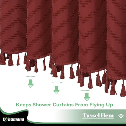 Dynamene Extra Long Shower Curtains, 96 Inches Long Boho Tufted Chevron Striped Fabric Shower Curtains for Bathroom, Tall Minimalist Waterproof Cloth Shower Curtain Set with 12 Hook, Burgundy, 72x96