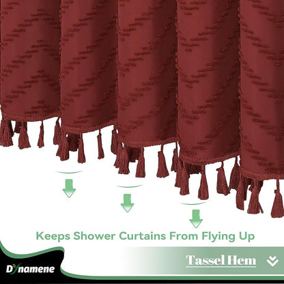 Extra Long Boho Shower Curtain Tufted Chevron 72"x96" Burgundy | 96 Inch Tall, Elegant Tassel, Lightweight Textured Fabric, Water Repellent, Washable, Hotel Spa, for Bathroom/Dorm 12 Hooks