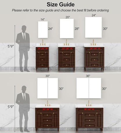Buruis 20 x 28 Inch Framed Medicine Cabinet Mirror, Recessed/Wall Mounted | Fully Assembled, Fits 19-5/16 x 26-13/16 Inch Rough Opening, Adjustable Glass Shelves, Bathroom Storage Cabinet, White