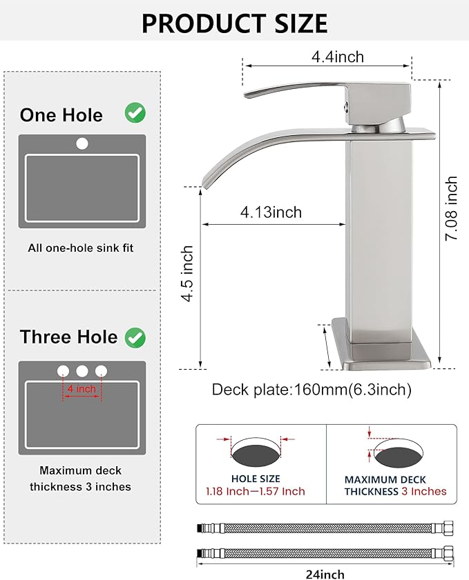 Midanya Waterfall Spout Bathroom Faucet Single Handle 1 Hole Bathroom Sink Faucet,Modern RV Lavatory Vanity Basin Tap with Water Hose,No Drain,Short Body,Brushed Nickel