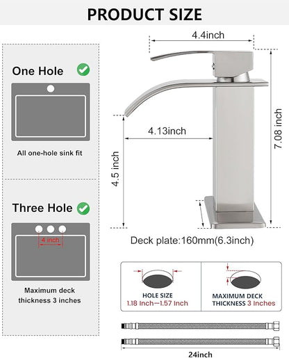 Midanya Waterfall Spout Bathroom Faucet Single Handle 1 Hole Bathroom Sink Faucet,Modern RV Lavatory Vanity Basin Tap with Water Hose,No Drain,Short Body,Brushed Nickel
