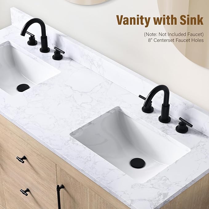 HOMEBEYOND 60 Inch Bathroom Vanity with Double Sink & Ceramic Top, MDF Material Vanity Cabinet with Basin Combo, Soft-Closing Doors, Removable Shelf, Backsplash