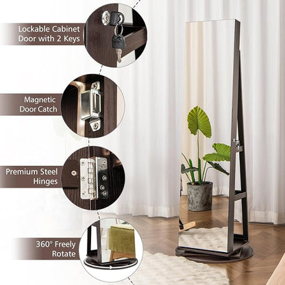 MAT EXPERT 360° Rotating Jewelry Armoire, Lockable Freestanding Jewelry Organizer w/Full-length Mirror, 3-Color LED Lights, Rear Storage Shelves, Mirror Jewelry Cabinet for Bedroom (Espresso)