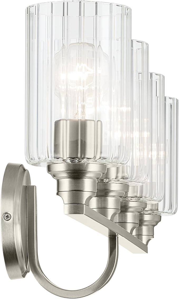 Kichler Gioe 32.25" 4-Light Vanity Light with Clear Fluted Glass in Brushed Nickel, Damp Rated, for Bathroom, Powder Room, Over a Mirror, (32.25" W x 10.5" H), 55227NIFLU