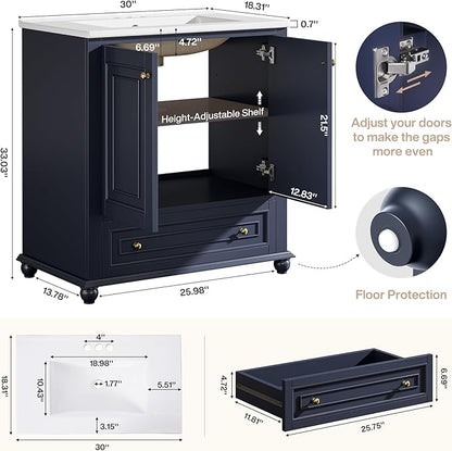 Tribesigns 30" Bathroom Vanity with Ceramic Sink Combo, Freestanding Bathroom Storage Vanity Cabinet with 2 Doors & 1 Drawer, Solid Wooden Frame & Coated Surface, Metal Handle, Navy Blue