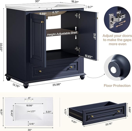 Tribesigns 30" Bathroom Vanity with Ceramic Sink Combo, Freestanding Bathroom Storage Vanity Cabinet with 2 Doors & 1 Drawer, Solid Wooden Frame & Coated Surface, Metal Handle, Navy Blue