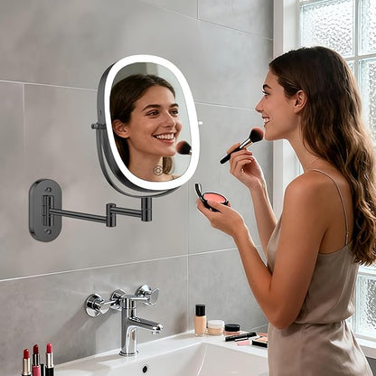 FUNTOUCH 5000mAh Rechargeable Wall Mounted Lighted Makeup Mirror,Black | Double Sided 30X/1X Magnifying Mirror Wall Mounted,Extended Arm 360°Rotation,Touch Dimmable,3 Color Lights for Bathroom