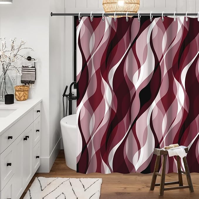 Burgundy Shower Curtain, Modern Abstract Ombre Burgundy Striped Shower Curtain Set for Bathroom Waterproof Shower Curtain with Hooks, 72x84 Inch