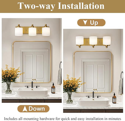 Stainless Steel Milk Glass Vanity Lights for Bathroom, 3 Light Gold Bathroom Light Fixtures Over Mirror, Ceramic E26 Sockets Wall Mounted