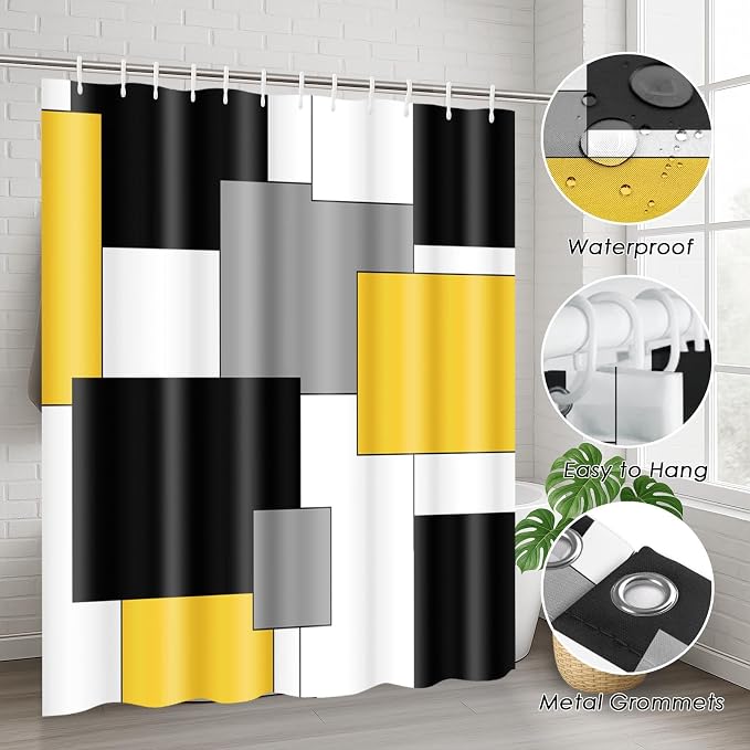 Bathroom Sets with Shower Curtain and Rugs 4 Pcs, Geometric Yellow | Checkered Abstract Modern Art Bathroom Decor Set with Toilet Lid Cover, Non-Slip Bath Mats and Accessories 12 Hooks