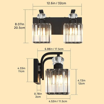 Modern Bathroom Vanity Light, 2-Light Black Bathroom Lighting Fixtures Over Mirror, 12.6" Crystal Wall Light Sconce for Bathroom/Bedroom/Vanity, Includes LED Bulbs, Easy Installation