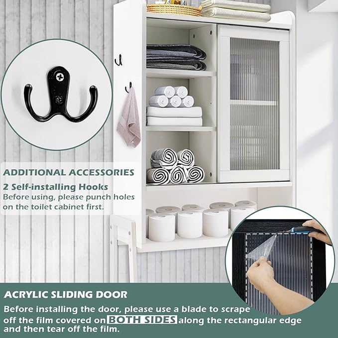 Over Toilet Storage Cabinet Organizer for Bathroom, Over Toilet Shelf, Freestanding Space Saver with Adjustable Shelves, Acrylic Sliding Door, Wide Open Shelf, 2 Hooks, Classic White