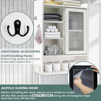 Over Toilet Storage Cabinet Organizer for Bathroom, Over Toilet Shelf, Freestanding Space Saver with Adjustable Shelves, Acrylic Sliding Door, Wide Open Shelf, 2 Hooks, Classic White