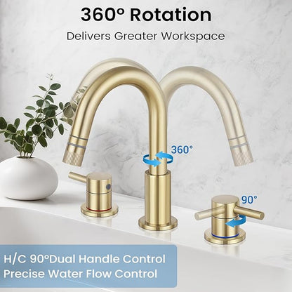 Bathroom Faucet 3 Hole, 8 Inch Widespread 2 Handle Pull Down Bathroom Sink Faucets with Pop Up Drain and 360° Swivel Spout, Brushed Gold