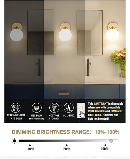 Emak Modern 2 Pack Globe Wall Sconce, Gold Vanity Light with Milk Glass Shade for Bathroom, Living Room, Pictures, Bedroom,Hallway, WS114-GD-ML-2PK