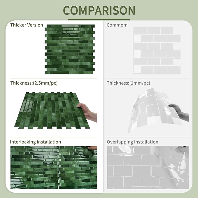 10 Sheets Thick Peel and Stick Kitchen Backsplash Tiles | 3D Waterproof Self Adhesive Wall Tile Stick on Backsplash for Kitchen,Bathroom and Fireplace(Green,12"×12")