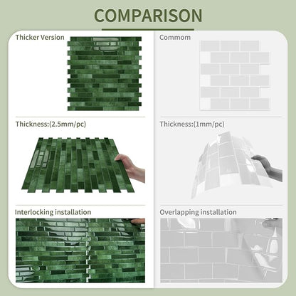 10 Sheets Thick Peel and Stick Kitchen Backsplash Tiles | 3D Waterproof Self Adhesive Wall Tile Stick on Backsplash for Kitchen,Bathroom and Fireplace(Green,12"×12")