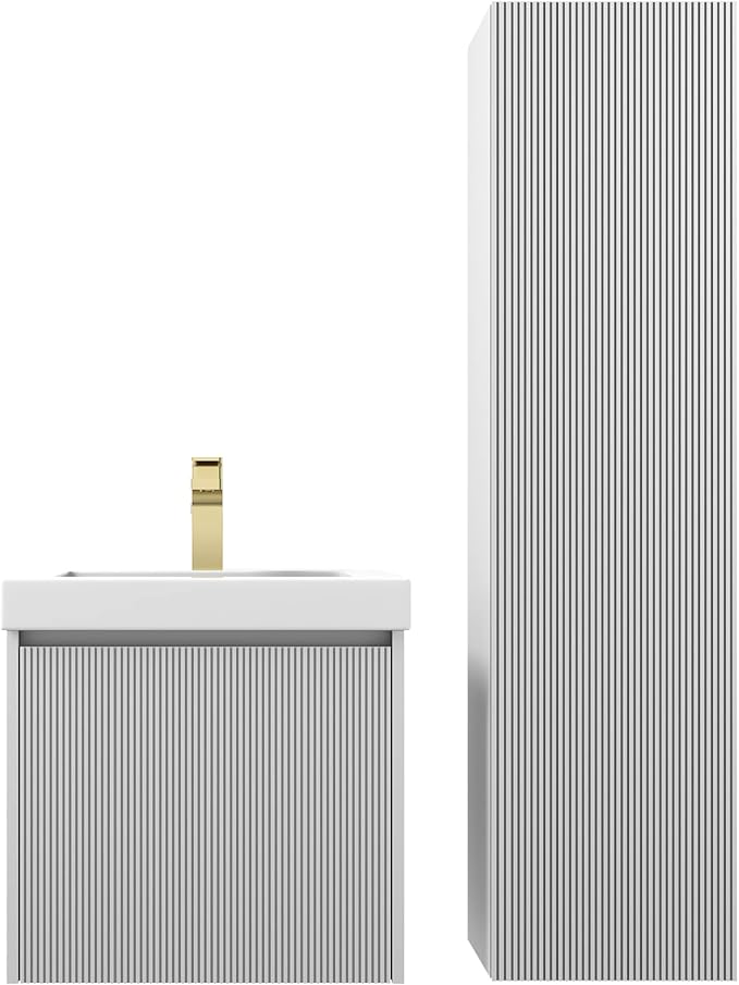 Blossom 20 Inch Bathroom Vanity with Sink and Side Cabinet, All Wood Floating Bathroom Vanity with Acrylic Sink, Bathroom Sink Cabinet with Soft-Close Drawer, Modern Style Vanities, Light Grey