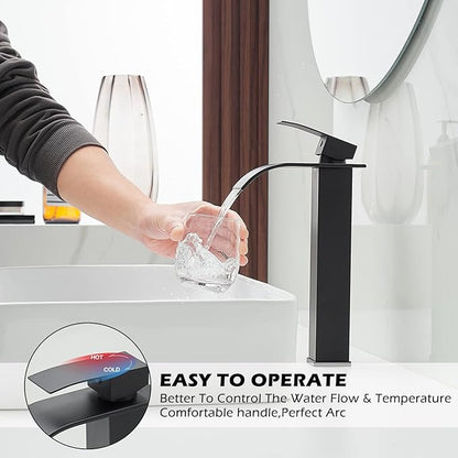 BWE Black Vessel Sink Faucet Single Handle Single Hole Stainless Steel Bathroom Faucet with Waterfall Spout Sink Faucet Lavatory Vanity Deck Mount Mixer Tap