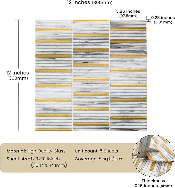 Glass Backsplash Mosaic Tile Gold White 5 sq.ft | Dazzling 12 x 12 Inch for Kitchen Backsplash Bathroom and Shower 5-Pack