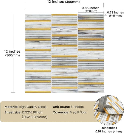 Glass Backsplash Mosaic Tile Gold White 5 sq.ft | Dazzling 12 x 12 Inch for Kitchen Backsplash Bathroom and Shower 5-Pack
