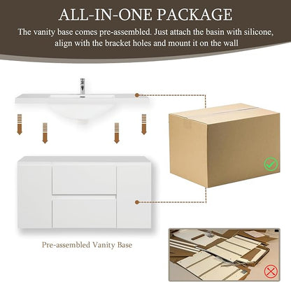 48 Inch Floating Bathroom Vanity with Sink, Large Storage Wall Mounted Floating Vanity with Soft Close Drawers, One-Piece Basin Bathroom Sink Cabinet (Glossy White, 48 Inch)