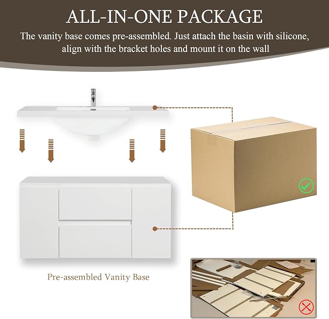 48 Inch Floating Bathroom Vanity with Sink, Large Storage Wall Mounted Floating Vanity with Soft Close Drawers, One-Piece Basin Bathroom Sink Cabinet (Glossy White, 48")