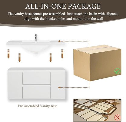 48 Inch Floating Bathroom Vanity Sink,Glossy White | Storage Cabinet Wall Mounted Cabinet, Solid Surface Basin, Soft Close Drawers, Fully Assembled