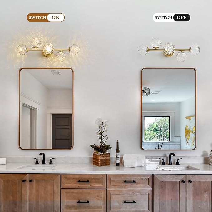 Gold Bathroom Vanity Light Fixtures: 5-Light Hammered Clear Glass Globe Light Fixture Bathroom Wall Sconce over Mirror - Mid Century Modern Gold Dimmable LED Brushed Brass Vanity Lighting Sconces