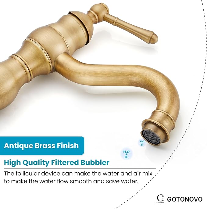 gotonovo Bathroom Faucet 1 Hole Vintage,Antique Brass,7.1” Spout Reach | Bathroom Sink Faucet for 1 or 3 Hole Single Handle,Deck Plate,360° Swivel Spout,Pop Up Drain,cUPC Supply Hoses,for Vanity RV
