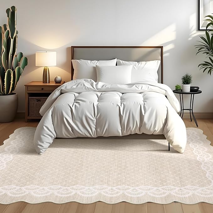GarveeHome Washable Scalloped Rug 9x12 Area Rugs, Modern Neutral Living Room Rugs, Large Washable Farmhouse Carpet Abstract Bordered Carpet for Bedroom Apartment Table Dorm Nursery, Beige