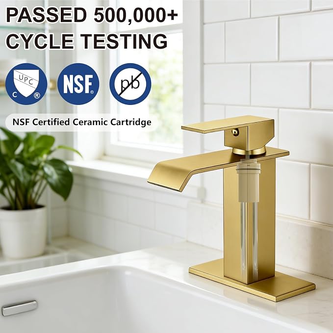 Midanya Waterfall Bathroom Sink Faucet 1 Hole,Gold | with cUPC Hoses,Pop Up Drain,Deck Plate,for 1 or 3 hole sink,Vanity,RV,Lavatory,Basin,Farmhouse,Stainless Steel,Single Handle