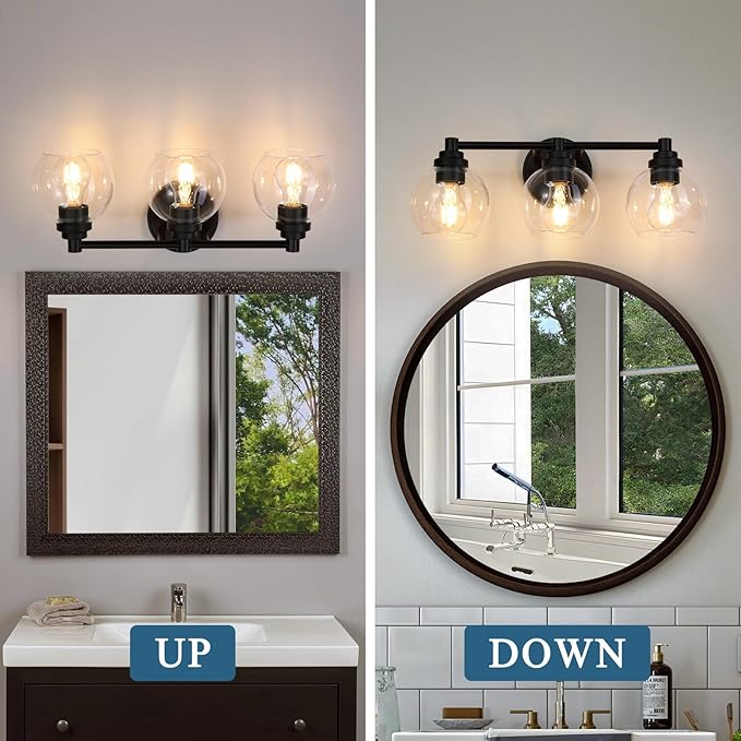 Upgrade Matte Black Bathroom Light Fixtures, Modern Vanity Light with Globe Glass Shade, 3-Light Bathroom Lights Over Mirror, Vanity Lights for Bathroom Bedroom Kitchen Hallway Living Room
