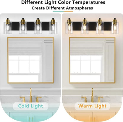 Dpyrrhic Bathroom Light Fixtures,Matte Black and Gold 4-Light Bathroom Lights with Clear Glass Shade,Modern Wall Sconces Over Mirror for Bathroom