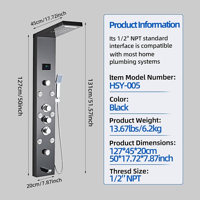 LED 5-in-1 Shower Panel Tower System,Brushed Black | 304 Stainless Steel Shower Panel Tower Column with Powerful Body Jets, Rainfall, Waterfall,Handheld and Tub Spout
