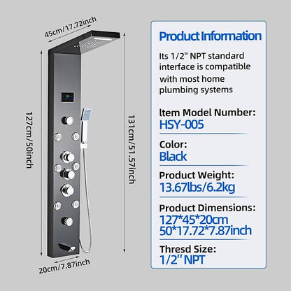 LED 5-in-1 Shower Panel Tower System,Brushed Black | 304 Stainless Steel Shower Panel Tower Column with Powerful Body Jets, Rainfall, Waterfall,Handheld and Tub Spout