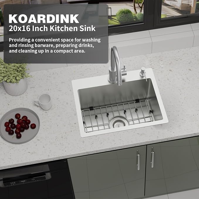20x16In Drop In Kitchen And Bar Sink, Stainless Steel, Single Bowl | Modern Topmount Bar Sink, Come With Accessory, ideal for small kitchens, bars, prep stations, and utility areas.