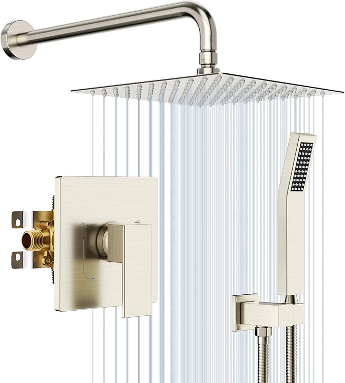 EMBATHER Shower System,10" Shower Faucet Set with Rain Shower Head and Handheld Spray Combo,Included Valve and Trim Kit,Brushed Nickel