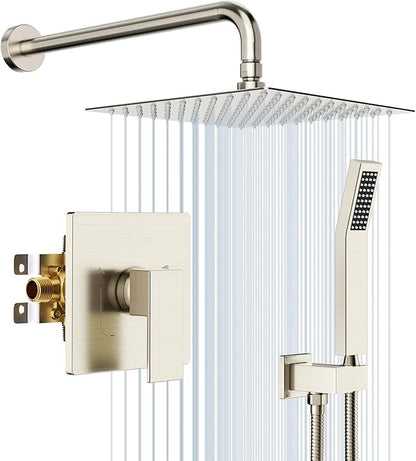 EMBATHER Shower System,10" Shower Faucet Set with Rain Shower Head and Handheld Spray Combo,Included Valve and Trim Kit,Brushed Nickel