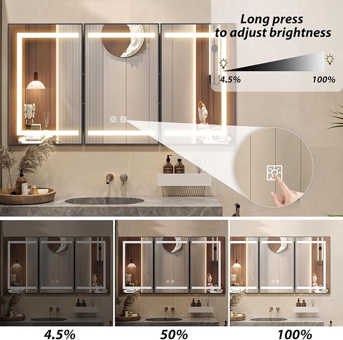 APRILSOUL 60x32 Inch Lighted Bathroom Medicine Cabinet with Mirror, Black Recessed or Surface Mount Medicine Cabinet Mirror with Storage and LED Lights, 3 Colors Temperature, Dimmable Light