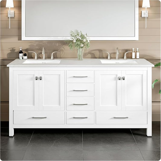 Eviva Aberdeen 72 in. White Double Sink Bath Vanity with Carrara Quartz Top and Undermount Porcelain Sinks